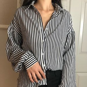 Navy Blue Striped Button Down Blouse